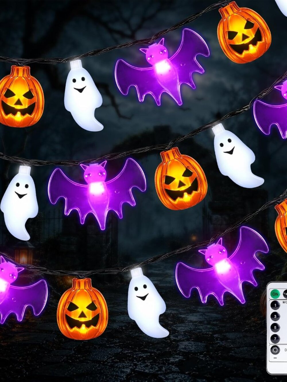 Halloween Lights, 20Ft 30 LED Pumpkin Ghost Bat String Lights Battery Operated w